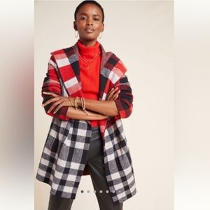 Field Flower Plaid 100% Wool Open Cardigan With Hood - Size: M